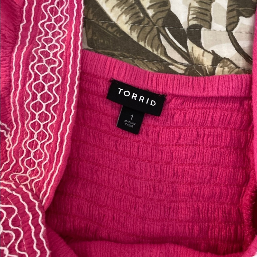 Torrid Babydoll Crinkle Gauze Embroidered Tiered Top - Barbie pink - Picture 6 of 7